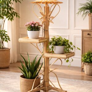 Bamboo Decorative Plant Stand With Lamp