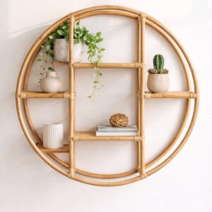 Cane Rattan Round Floating Wall Shelves For Storage Organizer For Living Room