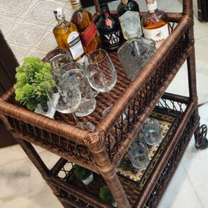 Natural Rattan Bar Trolley / Cane Serving Cart with Wheels