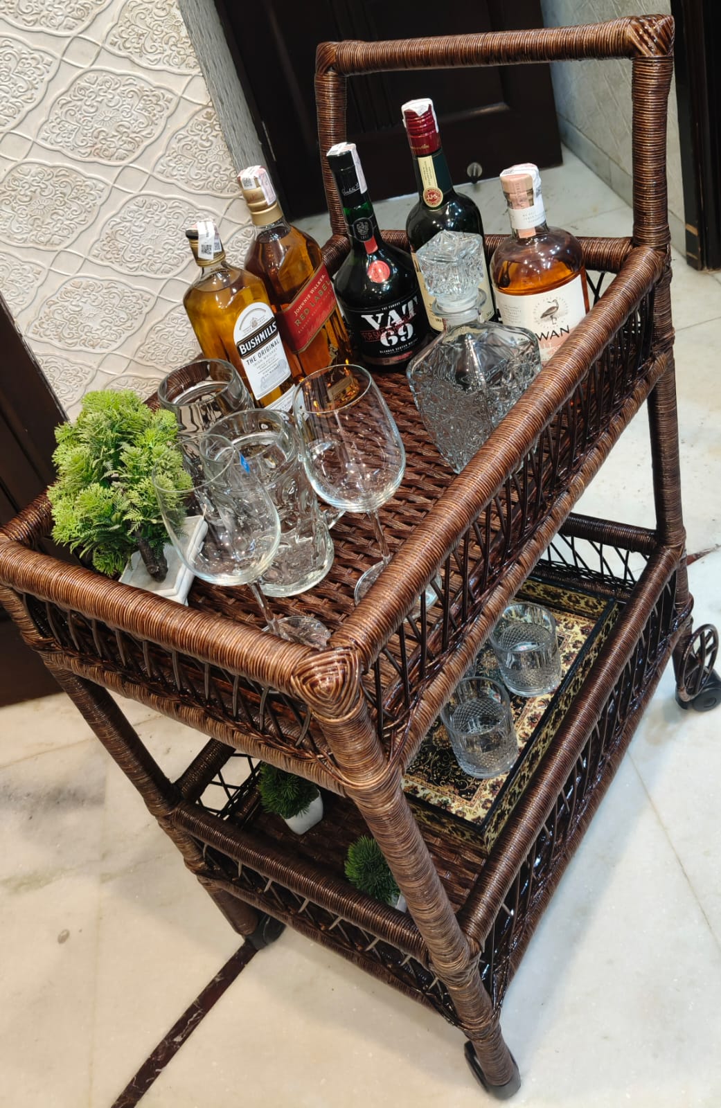 Natural Rattan Bar Trolley / Cane Serving Cart with Wheels