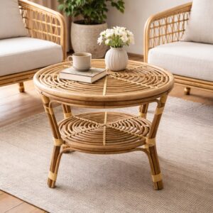 Handcrafted Natural Rattan Round Table with Lower Shelf